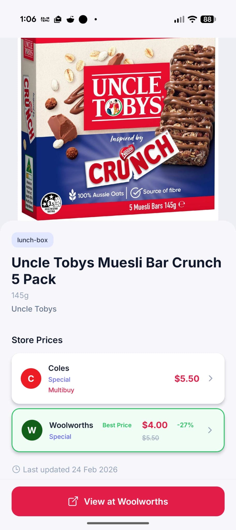 Bargeroo app price comparison screen showing store prices side by side