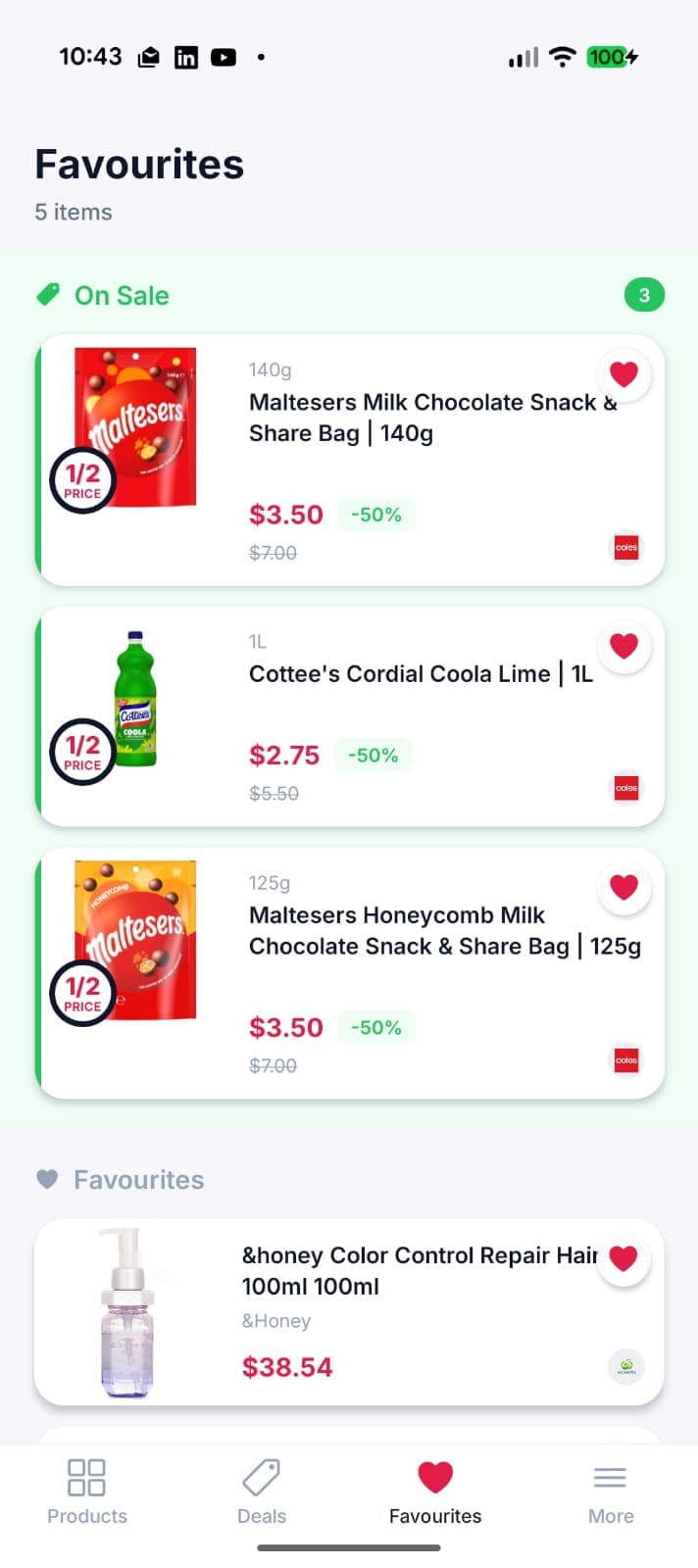 Bargeroo app favourites screen showing tracked products with sale alerts