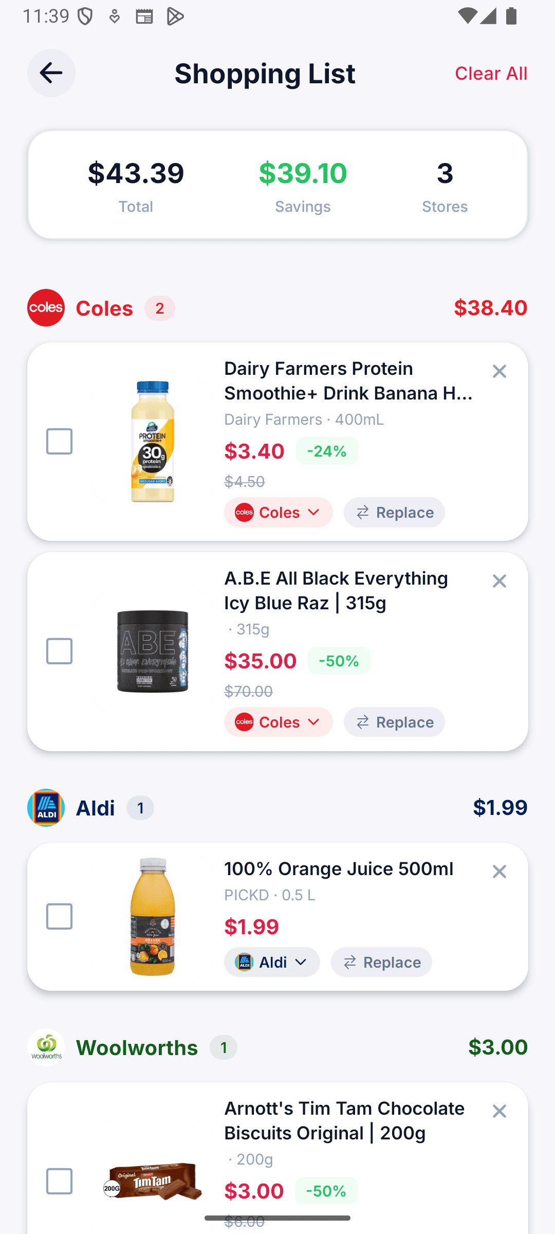 Bargeroo app shopping list grouped by store with savings summary