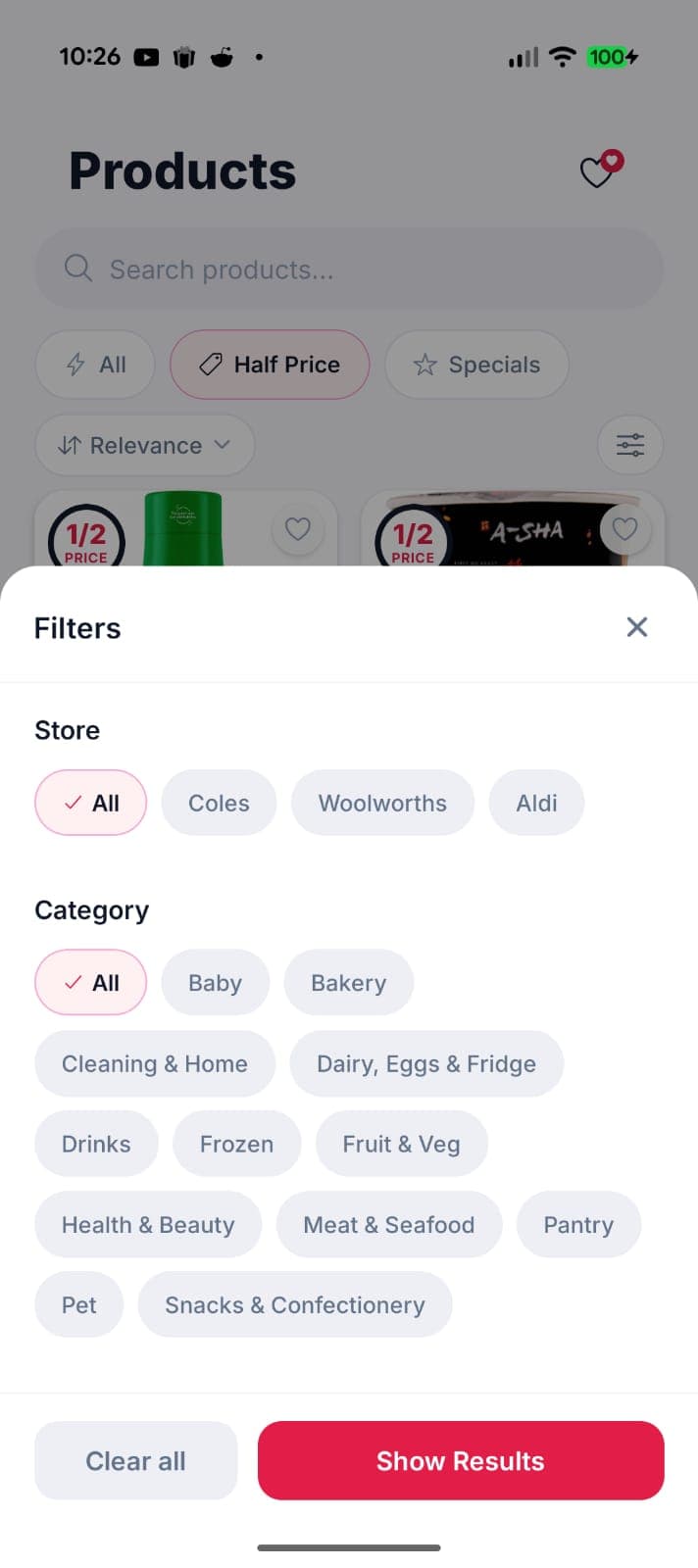 Bargeroo app showing specials, half price products, and category filters for Coles, Woolworths, and Aldi